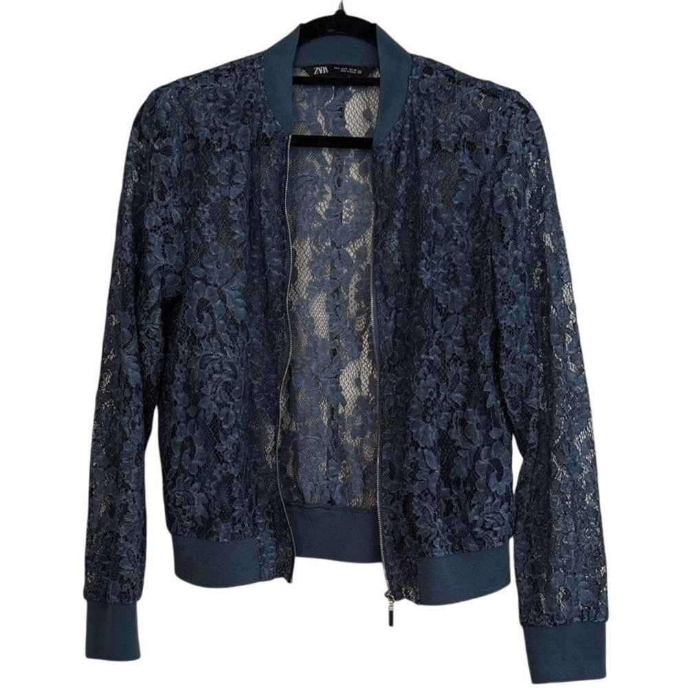Zara Womens Floral Lace Bomber‎ Jacket Blue Sheer Full Zip Ribbed Trim Small
